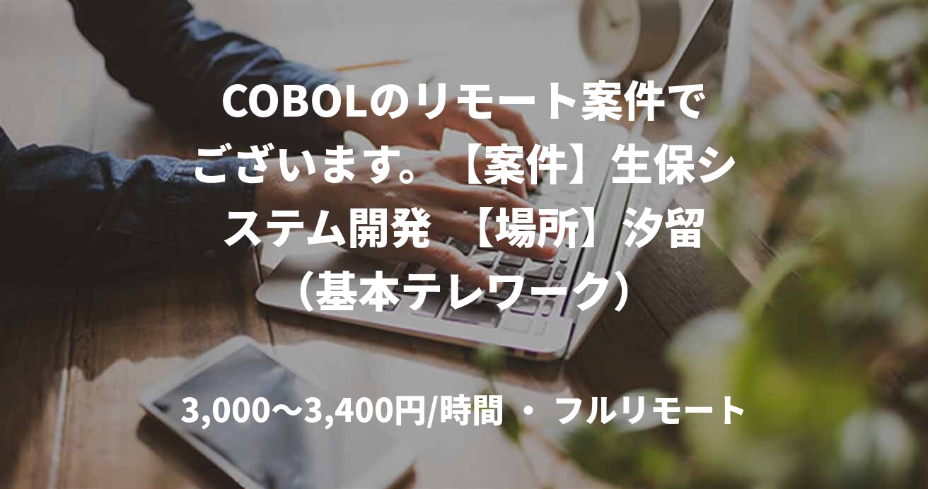 COBOLのリモート案件でございます。【案件】生保システム開発  【場所】汐留（基本テレワーク）