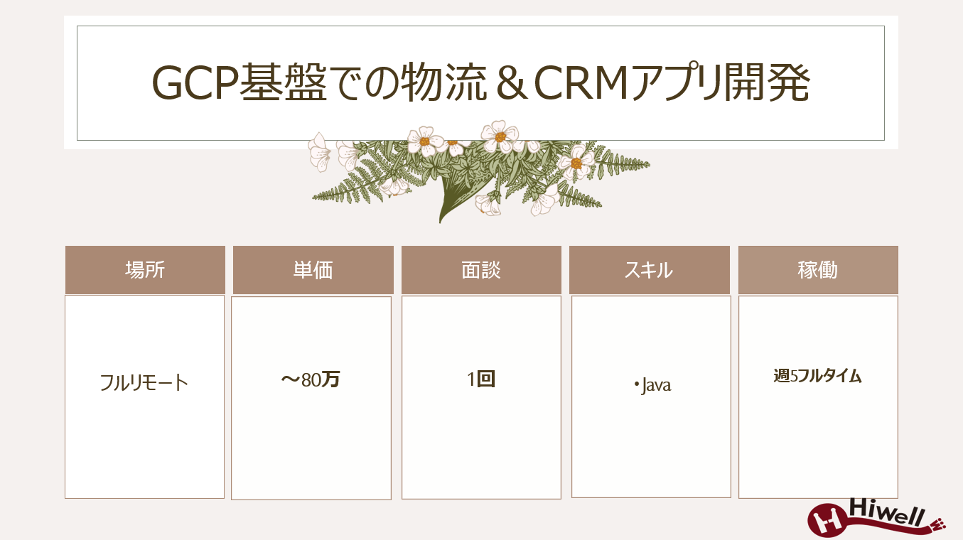 【フルリモート / Java】★☆GCP基盤での物流&CRMアプリ開発/要件定義~設計支援☆★