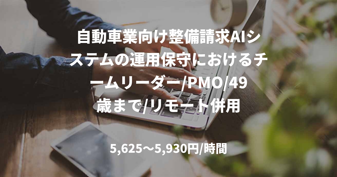 自動車業向け整備請求AIシステムの運用保守におけるチームリーダー/PMO/49歳まで/リモート併用