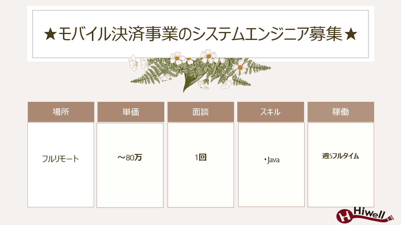 【フルリモート / Java 】★☆モバイル決済事業のシステムエンジニア募集★☆