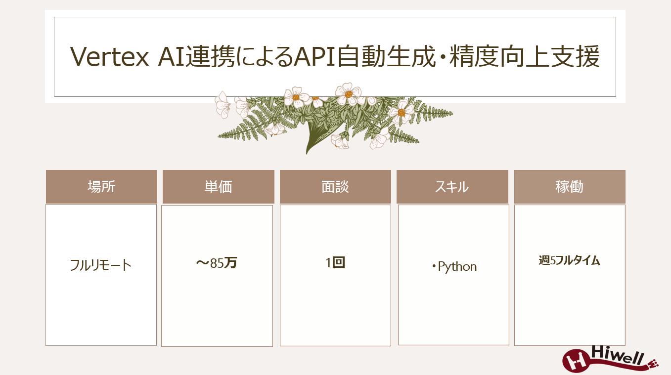 【フルリモート】【Python／生成AI×MLOps】★Vertex AI連携によるAPI自動生成・精度向上支援★