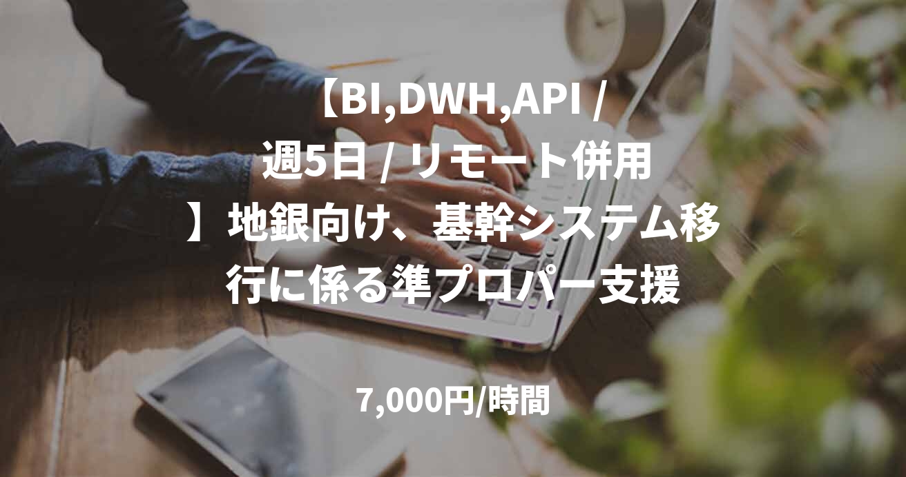 【BI,DWH,API / 週5日 / リモート併用】地銀向け、基幹システム移行に係る準プロパー支援