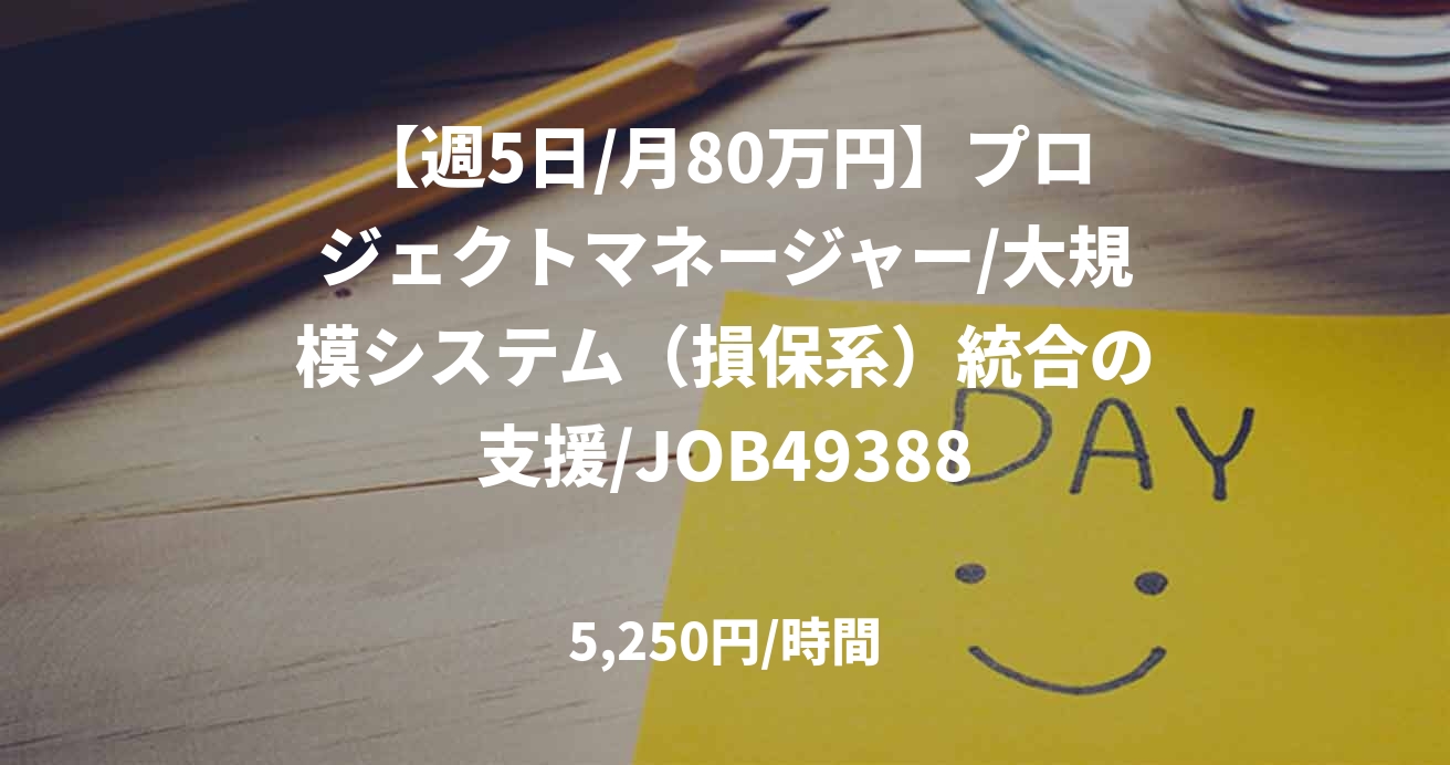 【週5日/月80万円】プロジェクトマネージャー/大規模システム（損保系）統合の支援/JOB49388