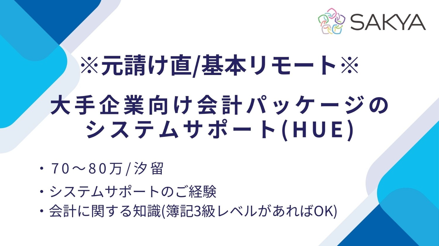 【元請け直/基本リモート/HUE,ERP】大手企業向け会計パッケージのシステムサポート