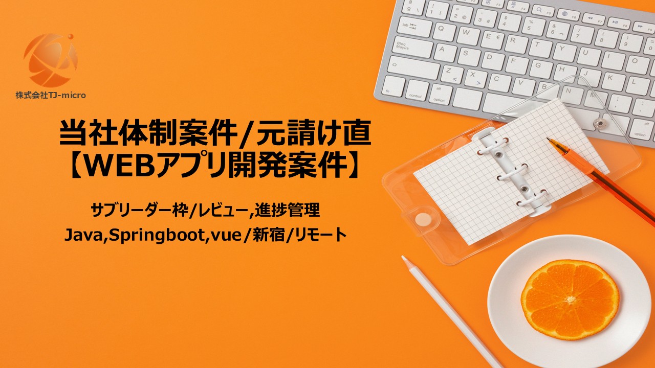 当社体制案件/元請け直/サブリーダー枠【WEBアプリ開発案件】レビュー,進捗管理/JAVA,Springboot,vue/新宿/リモート【TJ-micro】