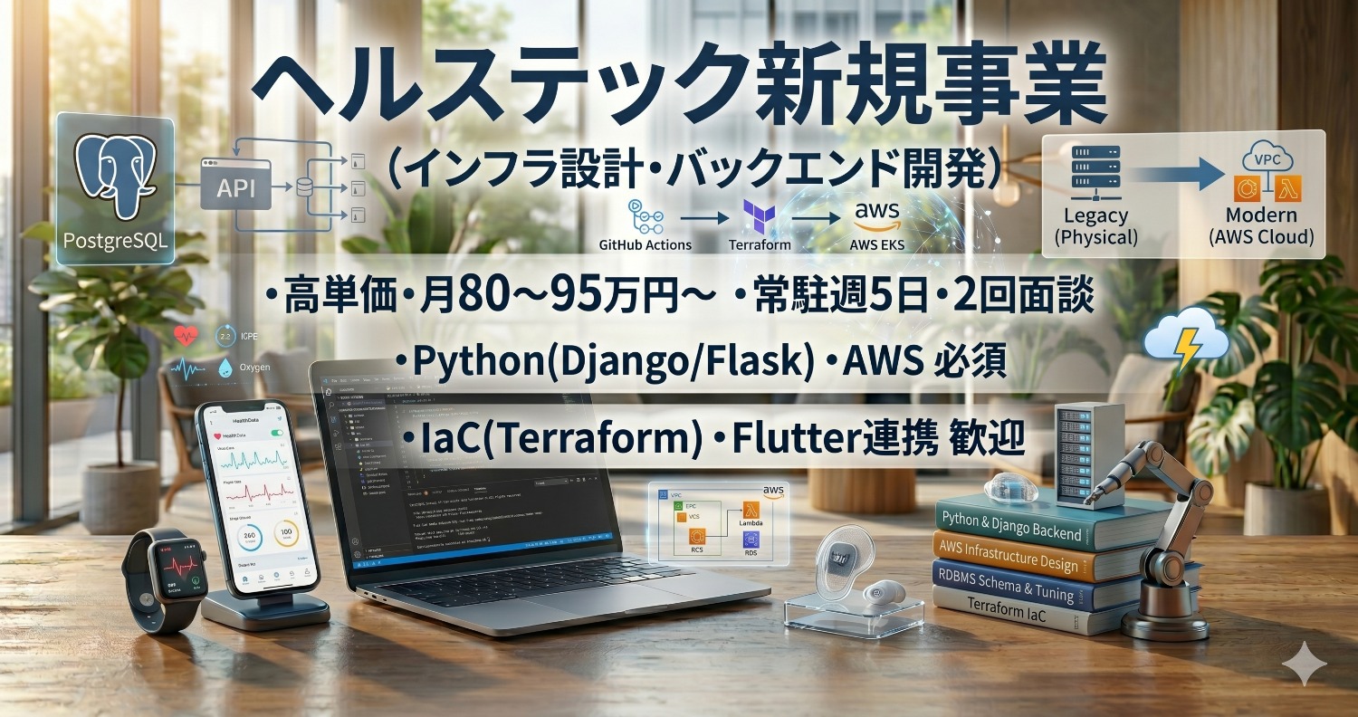 【常駐/六本木一丁目】ヘルステック新規事業／インフラ設計・バックエンド（Python/AWS）開発エンジニア
