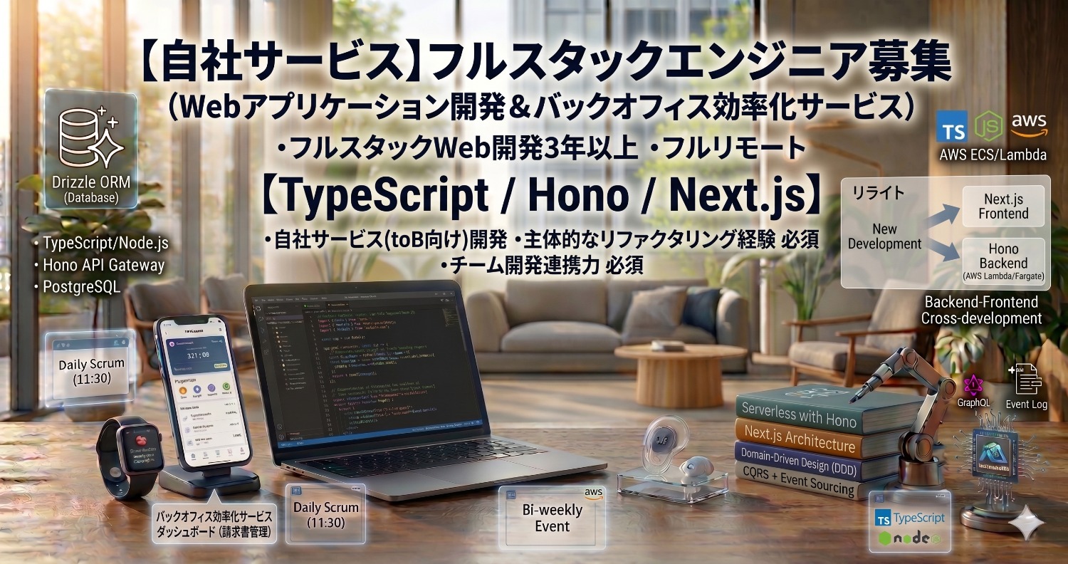 【フルリモート/フルスタック】自社サービス（TypeScript, Hono, Next.js）