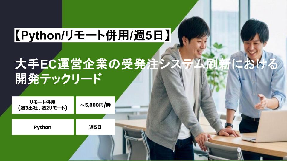 【Python/リモート併用】週5日/大手EC運営企業の受発注システム刷新における開発テックリード/パートナー案件